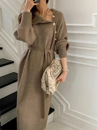 Vintage Turtleneck Buttons Long Dress