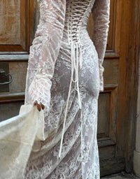 Elegant Vintage Hollow Out Lace Maxi Dress Long Sleeve Cape