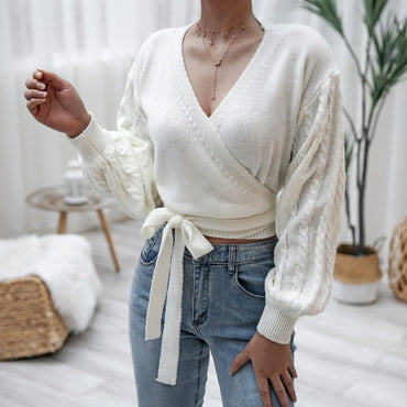 DEWADBOW 2021 Spring Autumn V-Neck Bandage Cross Wrap Women's Knitted Sweaters