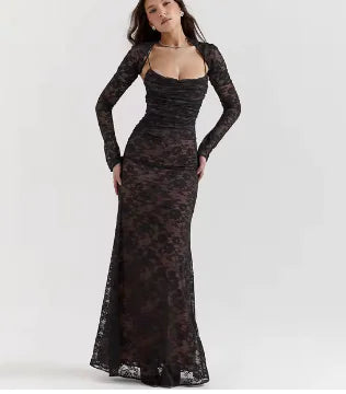 Elegant Vintage Hollow Out Lace Maxi Dress Long Sleeve Cape